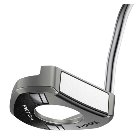 Side angled view, Fetch 2024 Ping putter, silver and black finish, circular cutout, white face insert, silver shaft.