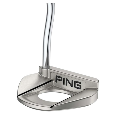 Rear view, Fetch 2024 Ping putter, silver finish, circular cutout, black alignment line, PING logo, silver shaft.