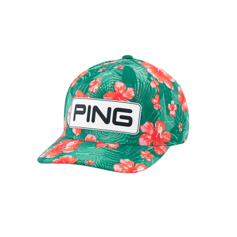 Front view of the Ping Pua Tour Snapback hat in Teal, featuring a vibrant floral pattern with red hibiscus flowers and green leaves on a teal green background, with a prominent black on white Ping logo on the front.