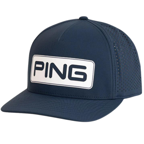 Navy Ping Tour Vented Delta Cap with a navy on white "PING" logo on the front. The cap features perforated side panels for ventilation.