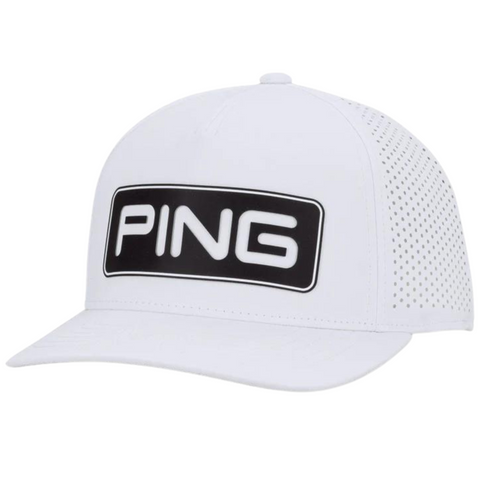 White Ping Tour Vented Delta Cap with a white on black "PING" logo on the front. The cap features perforated side panels for ventilation