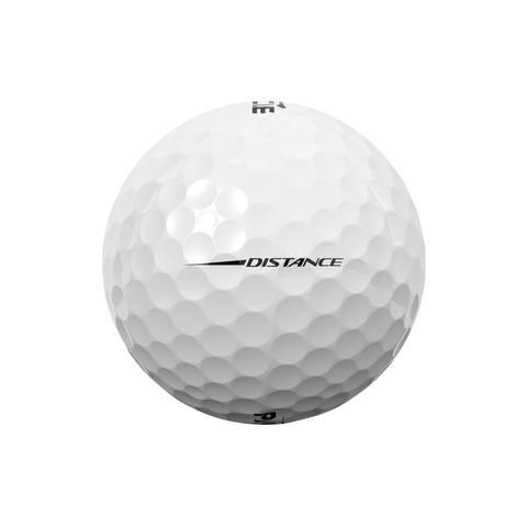 A Titleist Pinnacle 2025 Distance Golf Ball, featuring a white dimpled surface and DISTANCE printed in black, designed for longer drives, is pictured against a plain white background.