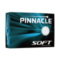 The Pinnacle Soft White Golf Balls box showcases a dynamic blue and black design with bold white text and a “Feel” golf ball image, emphasizing their soft feel and long-distance performance.