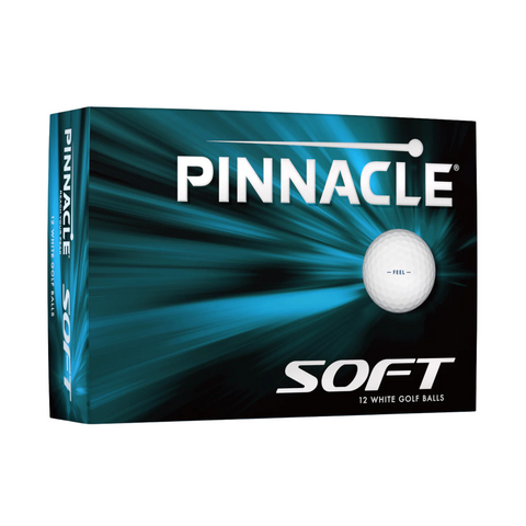 The Pinnacle Soft White Golf Balls box showcases a dynamic blue and black design with bold white text and a “Feel” golf ball image, emphasizing their soft feel and long-distance performance.
