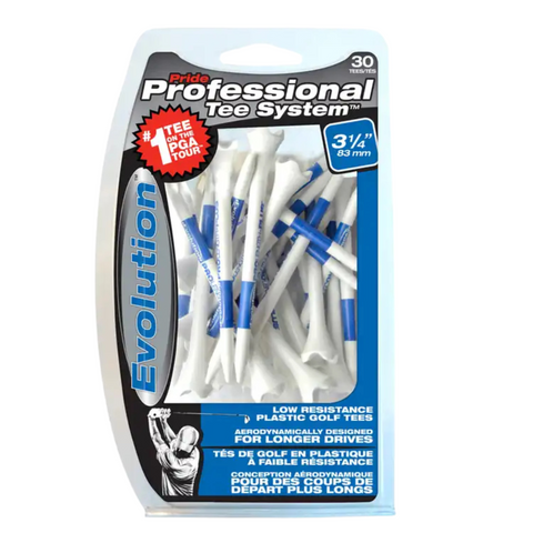 The Pride Evolution Golf Tee Blue 3 1/4", 30 Pack by Pride features 30 plastic tees designed for longer drives, low resistance, and a low-spin launch. Each tee is white and blue, measuring 3 1/4 inches (83 mm) long.