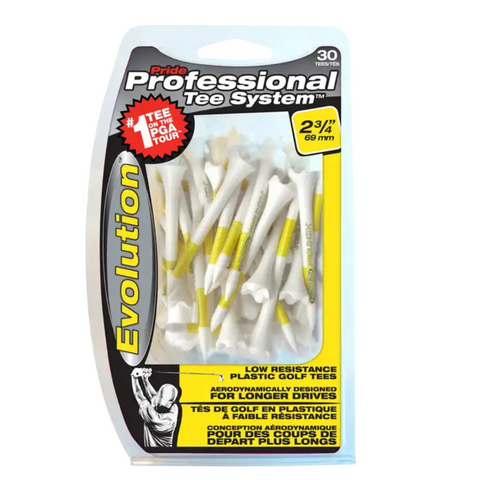 The Pride Evolution Golf Tee | Yellow 2 3/4" | 30 Pack by Pride includes 30 durable tees designed for low resistance and longer drives.