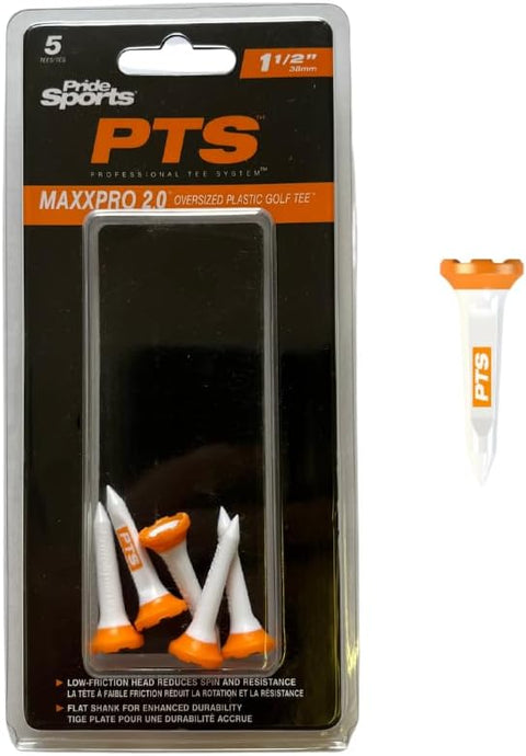 The Pride PTS MaxxPro 2.0 Oversize Plastic Tee 1-1/2 (5 Pack) by Pride includes five orange and white low friction tees, with one tee displayed separately to the right.