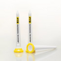 Two white Pride PTS MaxxPro 2.0 Oversize Plastic Tees with yellow tops—one upright, one lying down—rest on a white surface. Both are durable and display PTS PROFESSIONAL TEE SYSTEM in black text.