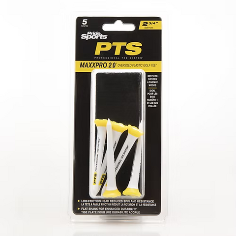 The Pride PTS MaxxPro 2.0 Oversize Plastic Tee 2-3/4 (5 Pack) by Pride features low-friction, durable golf tees with white bodies and yellow tops, designed for better performance on the course.