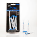 The image shows a pack of Pride PTS MaxxPro 2.0 Oversize Plastic Tee 3-1/4 (5 Pack) by Pride, containing five white tees with blue tops, plus three loose tees (two upright, one lying down) displayed next to the packaging.
