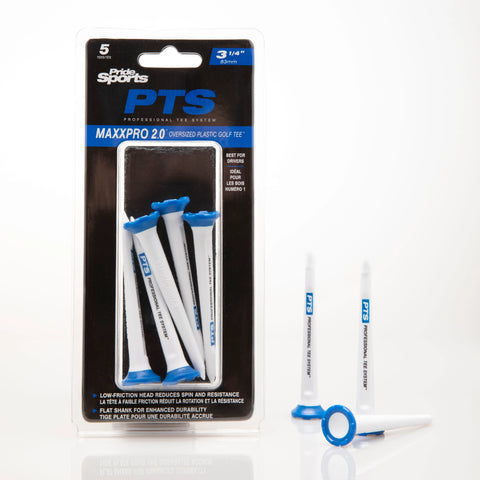 The image shows a pack of Pride PTS MaxxPro 2.0 Oversize Plastic Tee 3-1/4 (5 Pack) by Pride, containing five white tees with blue tops, plus three loose tees (two upright, one lying down) displayed next to the packaging.