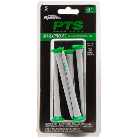 The Pride PTS MaxxPro 2.0 Oversize Plastic Tee 4 (5 Pack) by Pride includes five white, low-friction plastic golf tees with green tops, each measuring 4 inches—ideal for drivers.