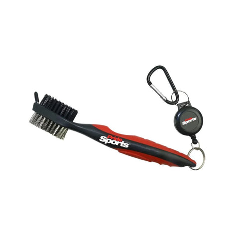 The Pride Sports Deluxe Golf Brush by Pride has dual-brush heads with black and wire bristles, a red and black handle, plus a detachable retractable clip with carabiner.