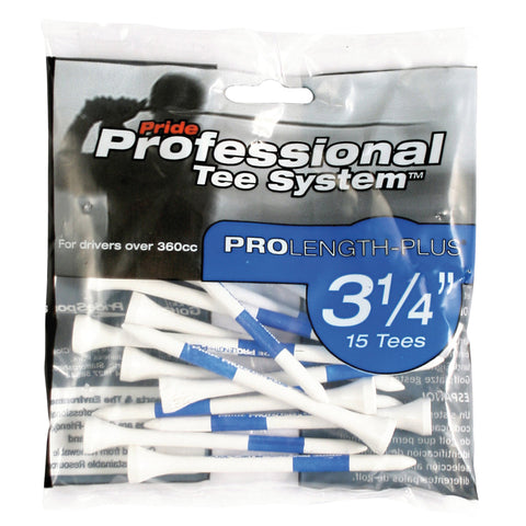 A clear plastic bag contains 15 Pride Wood Golf Tees by Pride in white and blue. The package notes they're premium hardwood, ProLength-Plus 3 1/4", and designed for drivers over 360cc.