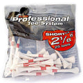 A clear plastic bag contains 25 Pride Wood Golf Tees by Pride, each premium hardwood tee with red stripes measures 2 1/8 inches and is labeled "Professional Tee System Shortee.