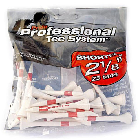 A clear plastic bag contains 25 Pride Wood Golf Tees by Pride, each premium hardwood tee with red stripes measures 2 1/8 inches and is labeled "Professional Tee System Shortee.
