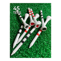 A close-up of PrideSports Special Edition Wood Golf Tees by Pride, crafted from durable hardwood with red and black stripes and card suit symbols on top, resting on artificial green grass. 45 TEES appears in the top left corner.