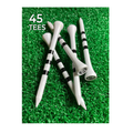 Five durable PrideSports Special Edition Wood Golf Tees by Pride, each with black stripes, lie on vibrant green artificial grass. 45 TEES is displayed in the top left corner.