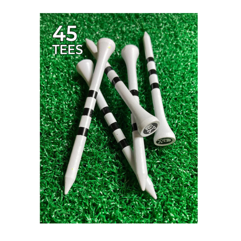 Five durable PrideSports Special Edition Wood Golf Tees by Pride, each with black stripes, lie on vibrant green artificial grass. 45 TEES is displayed in the top left corner.