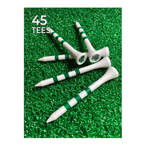 Four PrideSports Special Edition Wood Golf Tees by Pride, featuring green stripes and shamrock designs, are fanned out on green turf. The text 45 TEES is displayed in the top left corner.