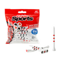 A pack of 45 PrideSports Special Edition Wood Golf Tees by Pride, each 3¼ long with red and white stripes. One tee stands upright while others lay down for display.
