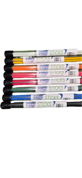 Nine Pro Sticks Alignment Sticks by Pro Sticks, each with a black cap and white label, are stacked horizontally in assorted colors like green, yellow, orange, pink, red, blue, and black—perfect golf training aids.