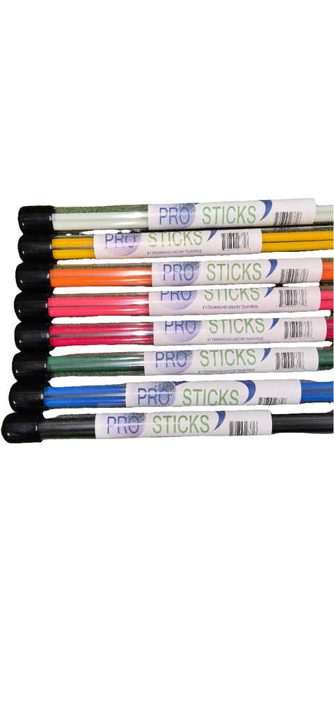 Nine Pro Sticks Alignment Sticks by Pro Sticks, each with a black cap and white label, are stacked horizontally in assorted colors like green, yellow, orange, pink, red, blue, and black—perfect golf training aids.