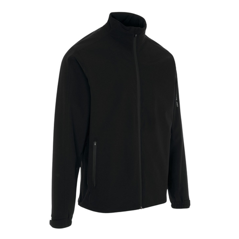 The Proquip Mens Aqualite Pro Rain Jacket is a plain black, lightweight raincoat featuring a high collar, long sleeves, zippered side pockets, and elastic cuffs, shown on a white background.