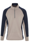 The Proquip Soft Touch Midlayer Pullover is a long-sleeve, quarter-zip top with a stand-up collar, made from moisture-wicking fabric in light beige with dark navy blue sleeves and side panels for stylish comfort on the course.