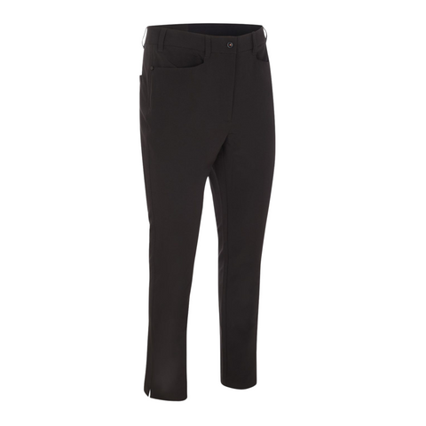The ProQuip Winter Tech Womens Pants by Proquip are black, slim-fit golf pants with belt loops, stretch fabric, front and back pockets, a button closure, and tapered legs. Displayed upright against a plain white background.