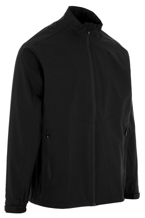 The Proquip Aqualite Men's Rain Jacket in black features a high collar, long sleeves, and two zippered side pockets. This lightweight golf rain jacket by Proquip is shown on a white background.