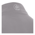 Close-up of the upper back of the Proquip Men's ProPac Lite Packable Waterproof Jacket in light gray, showing the Proquip logo and water droplet near the collar.
