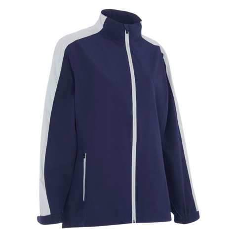 The Proquip Womens Paige Rain Jacket is a navy blue waterproof golf jacket with white side panels, a white zipper, high collar, long sleeves, and zippered pockets for convenience.