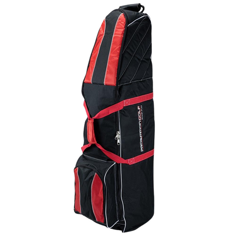The Prosimmon Crusader 2.0 Golf Travel Cover by Prosimmon in black/red features a zipper, multiple pockets, and a handle for easy carrying and protecting your golf clubs on the go.