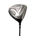 A close-up of the Prosimmon Magician MK4 Men's Golf Package Set driver’s silver clubhead, accented in black and red—ideal for golfers seeking a forgiving steel club from Prosimmon.