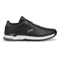 Side view of Puma Mens Proadapt Alphacat Golf Shoes in black/silver (US 8 only), featuring a white sole, silver Puma logo, black laces, textured details, multi-surface traction, and PROADAPT on the sole near the heel.