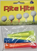 A Rite Hite Golf Tees package by Rite Hite features four Blade color golf tees in a clear bag beneath an illustrated card showing golf balls on tees in grass for consistent tee height.