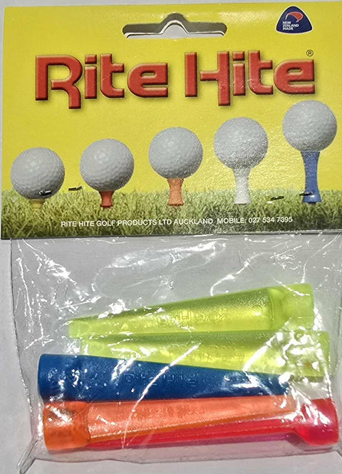 A Rite Hite Golf Tees package by Rite Hite features four Blade color golf tees in a clear bag beneath an illustrated card showing golf balls on tees in grass for consistent tee height.