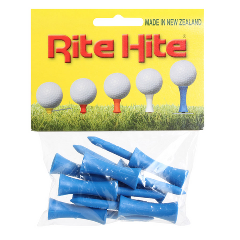 A package of Rite Hite Golf Tees in blue, branded by Rite Hite, with a yellow label showing four multicolored golf balls on tees and the text Made in New Zealand for consistent tee height.