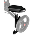 The Rovic RV1C Golf Trundler Seat by Rovic attaches to a golf push cart frame; the image shows the seat with a partially visible, faded large wheel to emphasize the seat.
