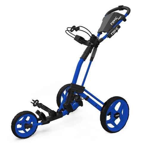 The Rovic RV2L Push Trundler by Rovic features a sturdy frame, large rear wheels, smaller front wheel, and a handlebar with storage and drink holder. This lightweight golf trundler is easy to transport.