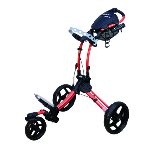 The Rovic Swivel 2.0 Golf Trundler by Rovic is a red and black, three-wheeled golf cart with a handle, mesh storage area, large wheels, and a compact design.