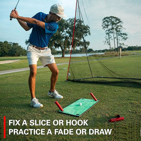 A golfer uses the Rukket Pathfinder Impact Swing Trainer by Rukket on a grassy course. Text reads: FIX A SLICE OR HOOK, PRACTICE A FADE OR DRAW. Perfect your swing with this golf training aid—trees and blue skies behind.
