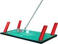 The Rukket Pathfinder Impact Swing Trainer by Rukket includes a putting mat with white alignment lines, a golf club, ball, and four red angled corner posts—perfect as an indoor putting green to improve swing accuracy.