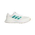 The golf360nz S2G 24 Womens Golf Shoes in Off White/Pure Teal/Alumina feature teal stripes, white laces, and a beige spikeless sole. Inspired by classic Adidas design, this athletic sneaker is displayed on a plain white background.