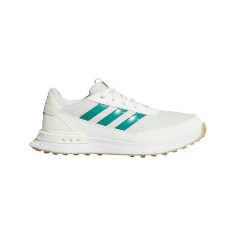 The golf360nz S2G 24 Womens Golf Shoes in Off White/Pure Teal/Alumina feature teal stripes, white laces, and a beige spikeless sole. Inspired by classic Adidas design, this athletic sneaker is displayed on a plain white background.