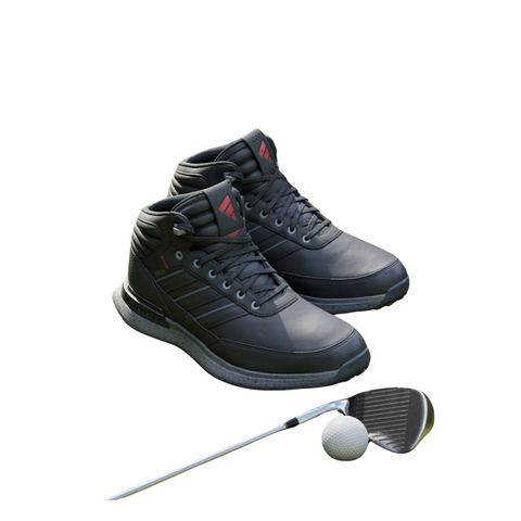 Top view of Adidas S2G RAIN.RDY golf shoes in black with grey outsole and red accents, alongside a golf club and ball for context.