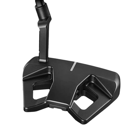 A close-up of the Scotty Cameron 2025 Limited Edition Phantom Black 9.2R mid-mallet putter, featuring a matte black finish and geometric cutouts in the clubhead, isolated on a white background.