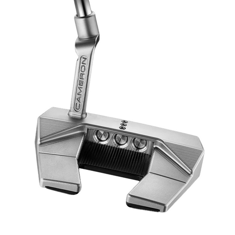 The Scotty Cameron 2025 Phantom 5.2 Putter features a compact mallet head with three circular weights and CAMERON engraved on the angled shaft, delivering tour-proven stability in a striking silver design.