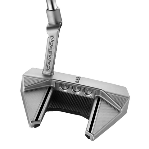 The Scotty Cameron 2025 Phantom 7.2 Putter features a wide, angular head, black face insert, engraved neck, and rail alignment system for high MOI performance.